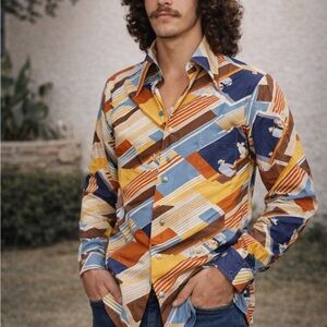 vintage men's button-down shirt dagger collar abstract geometric print small